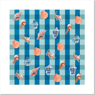 Deep Blue Seashell Plaid Posters and Art